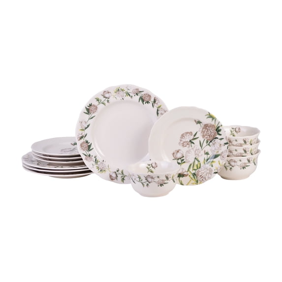 222 Fifth Luxe Peony Neutral Porcelain 12-Piece Dinnerware Set, Service for 4