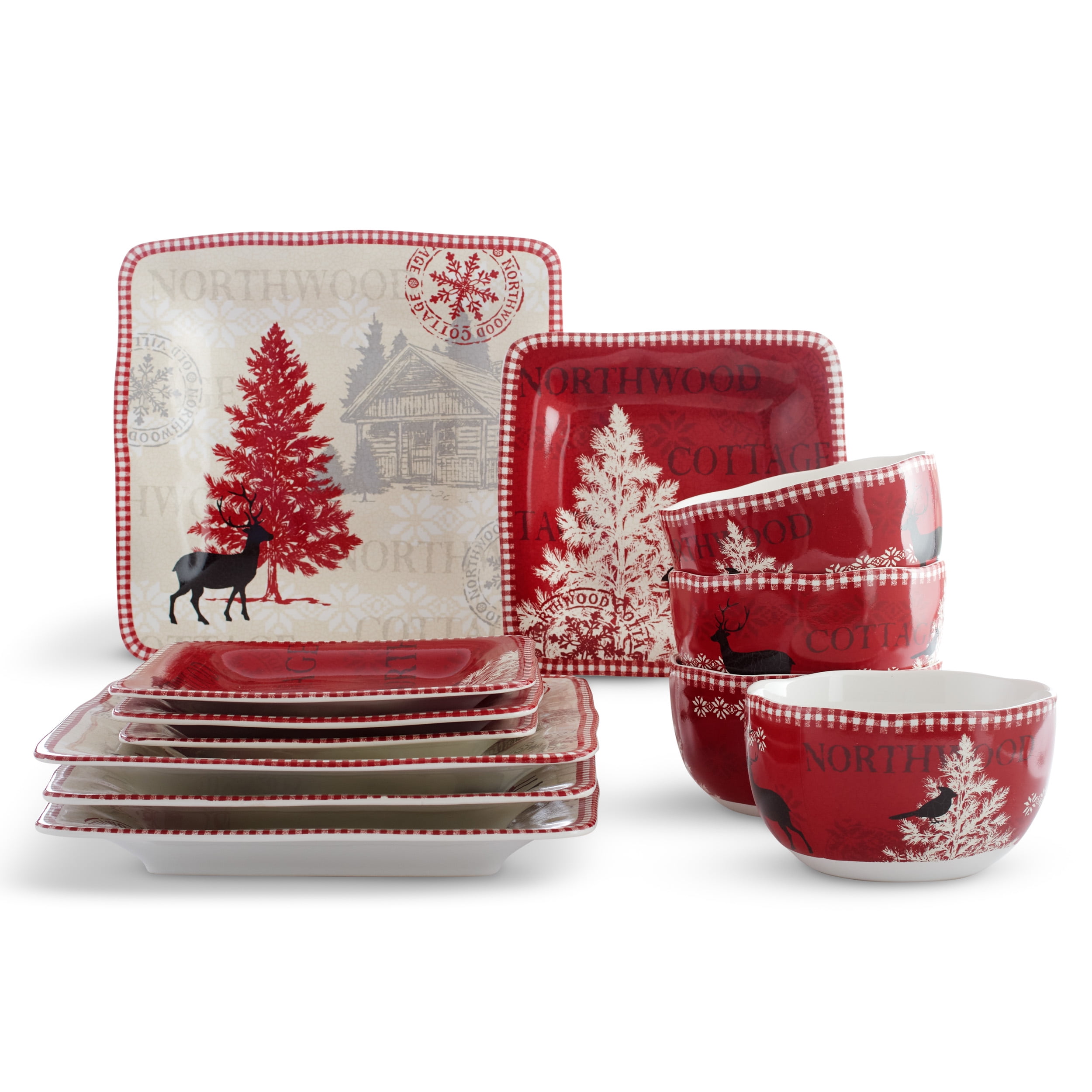 222 Fifth Northwood Cottage Holiday Porcelain Dinnerware Collection 12 Piece Set Red