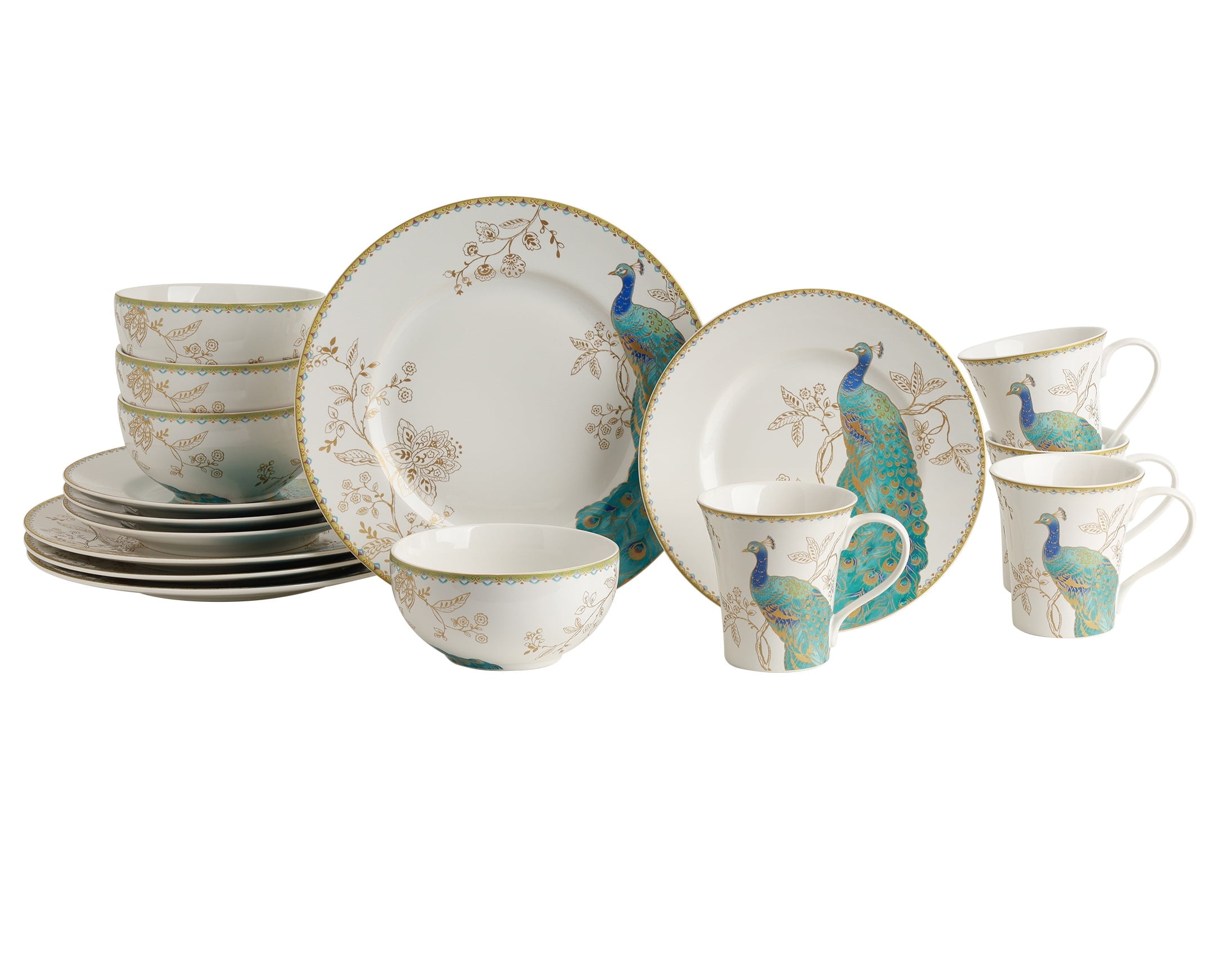 222 Fifth Peacock Garden 16-Pc Porcelain Dinnerware Set, Blue/Gold