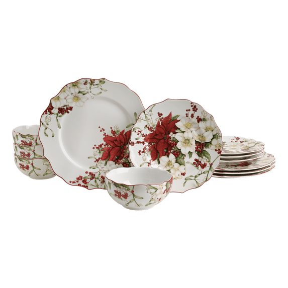 222 Fifth Winter Harmony 12-Piece Porcelain Dinnerware Set for 4, White/Red Dish Set