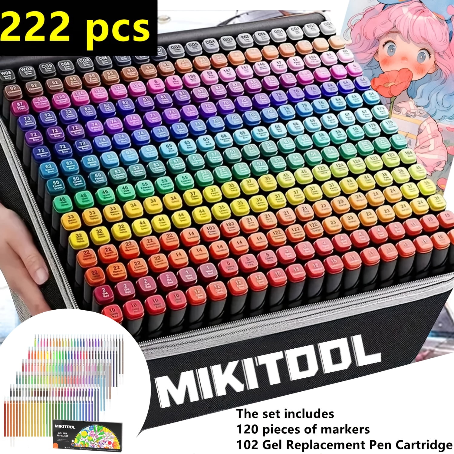 222-Piece Dual Tip Permanent Art Marker Set, 120 Markers + 102 Gel Refills, Drawing, Sketching & Coloring Pens for Artists & Students