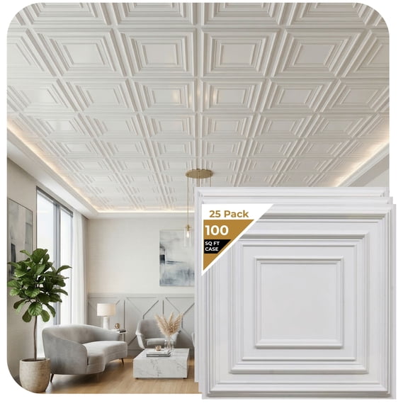 222-Schoolhouse 2 ft. x 2 ft. PVC Lay-in or Glue-up Ceiling Tile in White Matte (100 Sq. ft. / Pack) - 25 Pieces