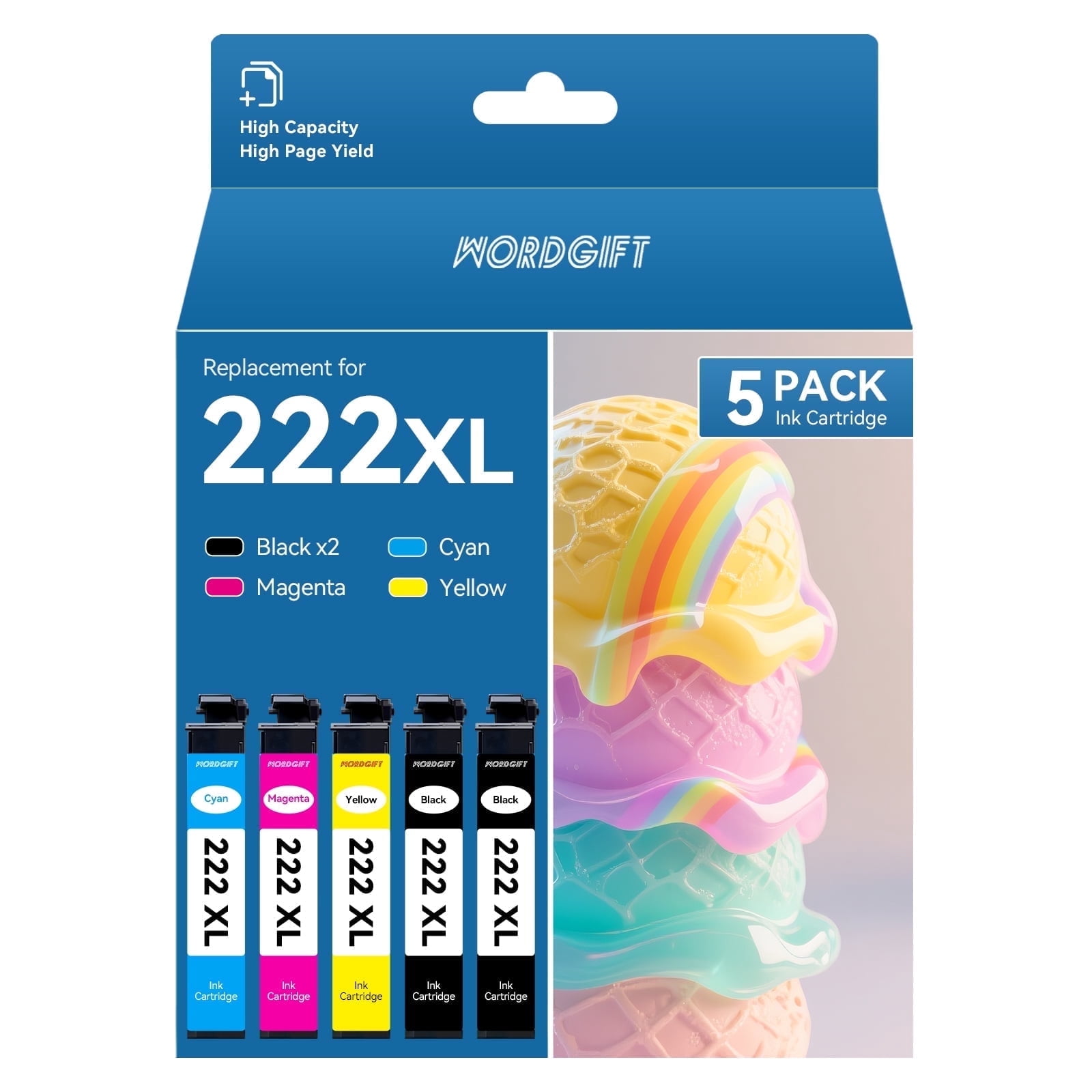 WORDGIFT Replacement for 222XL Ink Cartridge Epson 222  Ink Cartridge  Printer ink 5 Pack Printer Ink ( Black Cyan Magenta Yellow)