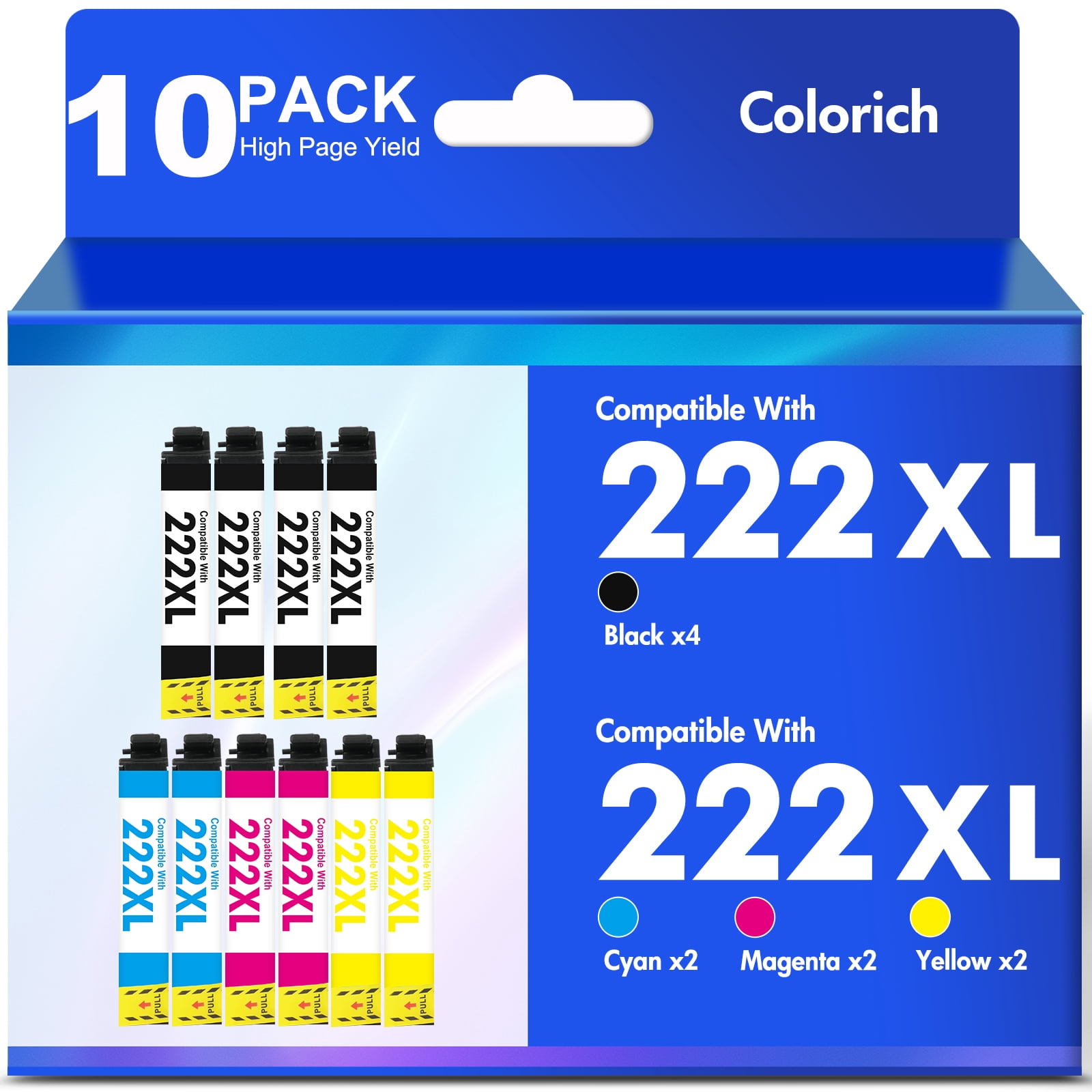 222XL Ink Cartridges 10 Pack Compatible for Epson 222XL 222 Printer Ink Combo Pack Epson Expression Home XP-5200 WorkForce Pro WF-2960 All-in-One (4 Black, 2 Cyan, 2 Magenta, 2 Yellow)