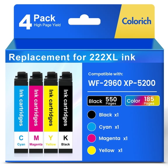 222XL Ink Cartridges 4 Pack Compatible for 222XL 222 Printer Ink Combo Pack Epson Expression Home XP-5200 WorkForce Pro WF-2960 All-in-One (1 Black, 1 Cyan, 1 Magenta, 1 Yellow)