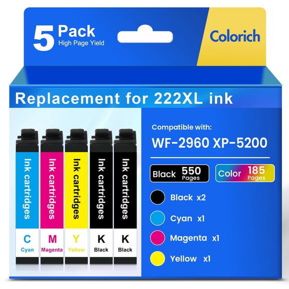 222XL Ink Cartridges 5 Pack Compatible for Epson 222 Ink Cartridge Combo Pack Epson Expression Home XP-5200 WorkForce Pro WF-2960 All-in-One (2 Black, 1 Cyan, 1 Magenta, 1 Yellow)