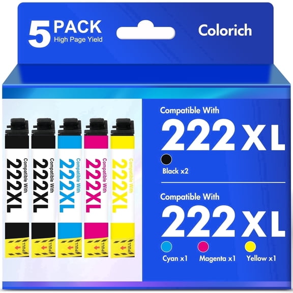 222XL Ink Cartridges 5 Pack Compatible for 222XL 222 Printer Ink Combo Pack Epson Expression Home XP-5200 WorkForce Pro WF-2960 All-in-One (2 Black, 1 Cyan, 1 Magenta, 1 Yellow)