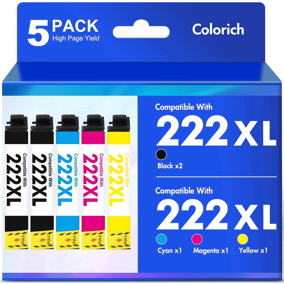 222XL Ink Cartridges 5 Pack Compatible for Epson 222 Ink Cartridge Combo Pack Epson Expression Home XP-5200 WorkForce Pro WF-2960 All-in-One (2 Black, 1 Cyan, 1 Magenta, 1 Yellow)