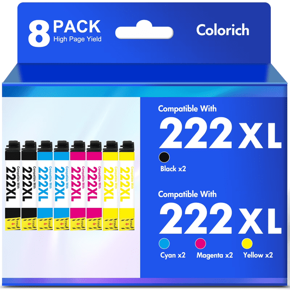 222XL Ink Cartridges 8 Pack Compatible for Epson 222XL 222 Printer Ink Combo Pack Epson Expression Home XP-5200 WorkForce Pro WF-2960 All-in-One (2 Black, 2 Cyan, 2 Magenta, 2 Yellow)