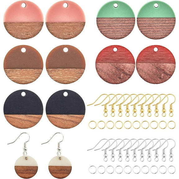 222pcs Resin Wooden Earring Pendants Flat Round Vintage Resin Wood Statement Jewelry Findings with Earring Hooks and Jump Rings for Necklace Jewelry Making - 6 Colors for diy