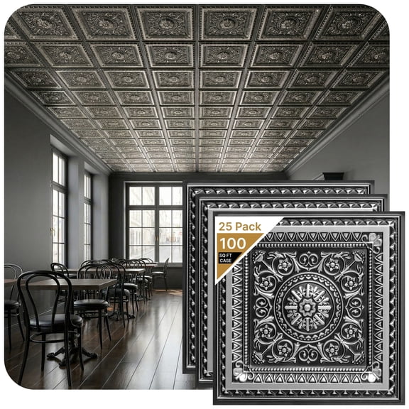 223 - La Scala 2 ft. x 2 ft. PVC Glue-up or Lay in Ceiling Tile in Antique Silver (200 Sq.ft / Pack) - 25 Pieces