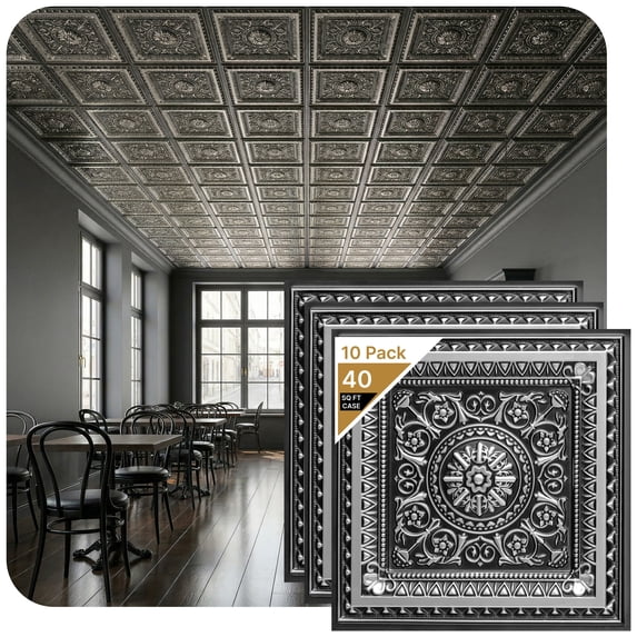 223 - La Scala 2 ft. x 2 ft. PVC Glue-up or Lay in Ceiling Tile in Antique Silver (40 sq.ft / Pack) - 10 Pieces