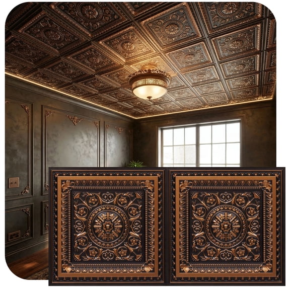 223 - La Scala 2 ft. x 4 ft. PVC Glue-up or Lay in Ceiling Tile in Antique Copper (80 Sq.ft / Pack) - 10 Pieces