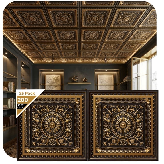 223 - La Scala 2 ft. x 4 ft. PVC Glue-up or Lay in Ceiling Tile in Antique Gold (200 Sq.ft / Pack) - 25 Pieces