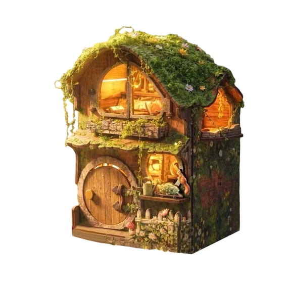 223PCS DIY Forest Book Corner Wooden Assembly Kit, Miniature Forest Cottage Model Building Set With LED Light Scene And Acrylic Dust Cover For Desktop Display Decor Collectors