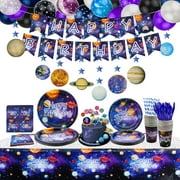 224 PCS Outer Space Party Supplies - Solar System Planet Balloon, Happy Birthday Banner, Hanging Swirls, Cake Topper, Plates, Napkins, Cup, Tablecloth for Boy Kid Party Decorations, Serves 20 Guest