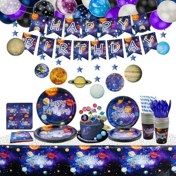 224 PCS Outer Space Party Supplies - Solar System Planet Balloon, Happy Birthday Banner, Hanging Swirls, Cake Topper, Plates, Napkins, Cup, Tablecloth for Boy Kid Party Decorations, Serves 20 Guest