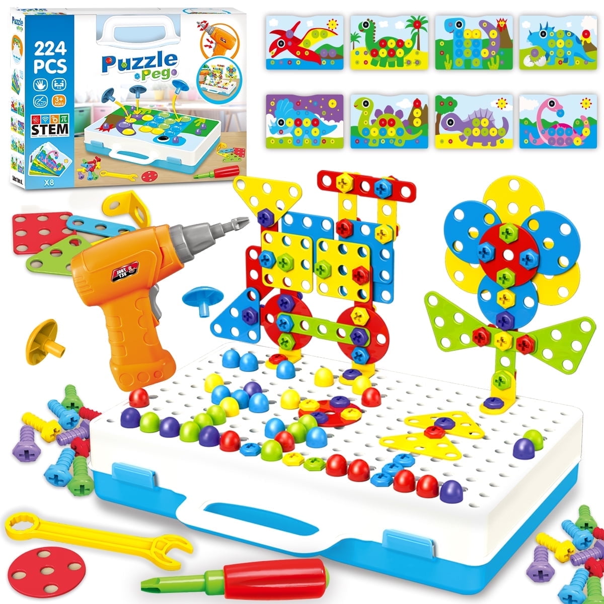 Mengwoha 224 Pieces Creative Mosaic Drill Design Puzzle Set for Kids, Electric Drill and Screwdriver Toy Tool DIY Educational Set, STEM Engineering Construction Projects for Boys and Girls Ages 3-10