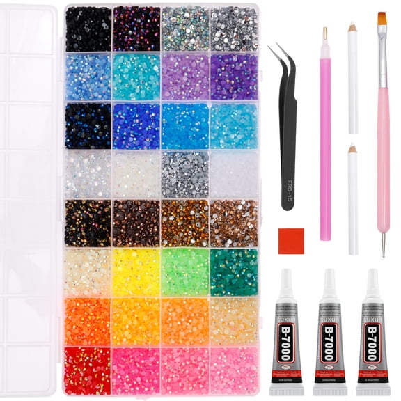 22400/25600/32000Pcs Resin Jelly Rhinestones Set 0.12 Inch Multi Color Flatback Rhinestones with Glue Tweezers Pickup Tool for Clothing Shoes Phone Case