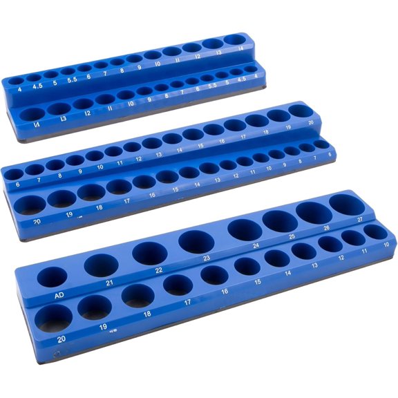 22486 3 count Metric Socket Tray Set, Socket Organizer Up to 75 Sockets in 1/4", 3/8", and 1/2" Sizes, Blue Socket Holders