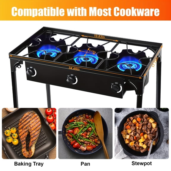 225,000 BTU 3-Burner Outdoor Propane Gas Stove - Heavy-Duty Cast Iron Grill with Detachable Legs, Safety Regulator for Camping, Backyard & RV