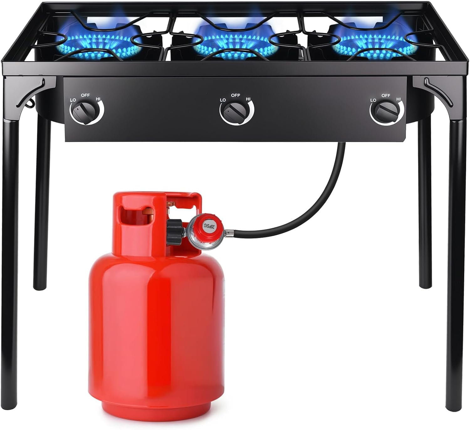 225,000-BTU High-Pressure Outdoor Propane Gas Stove, 3-Burner Camp Cooker with Detachable Legs for Camping, Patio, Tailgating & Backyard Cooking