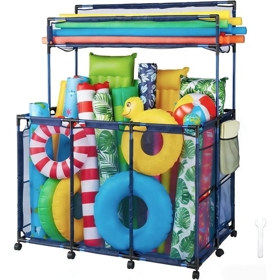 225-Gallon Pool Storage Bin Cart with Rack, Double-Tier Mesh Rolling Organizer, 49" x 31" x 61", 10 Wheels, Blue