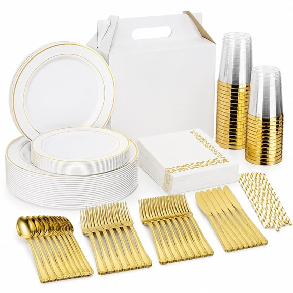 225 Pcs Gold Rim Plastic Dinnerware Set for Wedding, Luxurious Party, Special Event: Gold-Trimmed Plastic Plates, Cups, Silverware, Napkins, Straws in Elegant Gold White