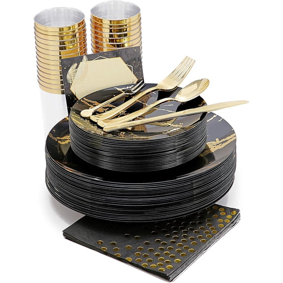225-Piece Black and Gold Marble-Finish Disposable Dinnerware Set with Dinner Plates, Dessert Plates, Mini Forks, Plastic Silverware, Cups, Napkins, and Table Cards