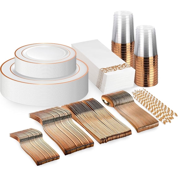 225-Piece Rose Gold Rim Plastic Dinnerware Set for 25 Guests