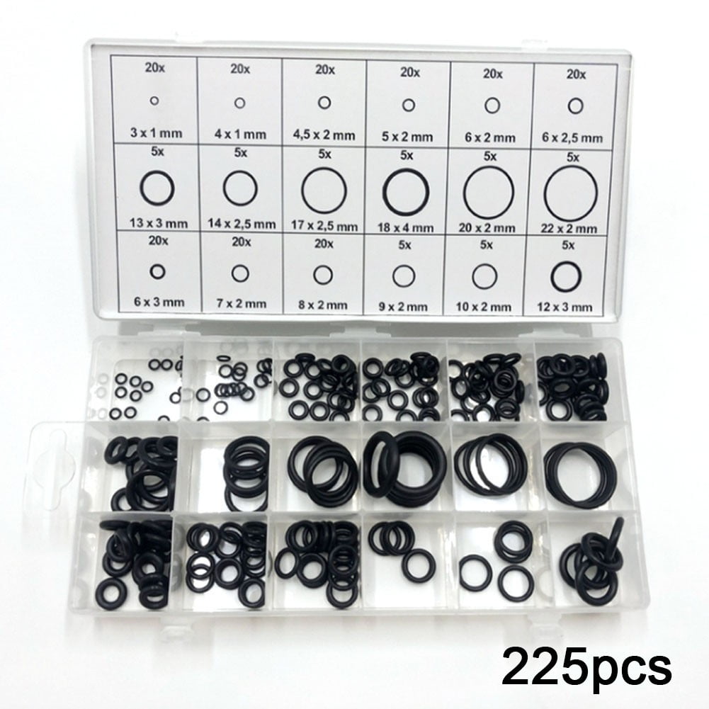 225-Piece Rubber O-Ring Assortment Kit, 18 Popular Sizes, Black Nitrile Gasket Seals for Automotive, Plumbing, Electrical Appliances, Heat Oil Resistant, with Storage Box