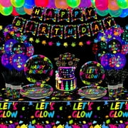 225 Pieces Glow Neon Party Supplies - Neon Balloon, Glow in the Dark Birthday Banner, Garlands, Cake Topper, Tablecloth, Plates, Napkins and Cup for Blacklight Party Decorations, Serves 20 Guest