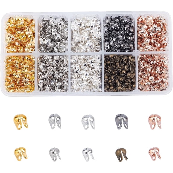 2250 Pcs Open Bead Tips Knot Covers with 2 Loops Cup Clamshell Fold-Over Bead Tips Knot End Caps for Jewelry Making