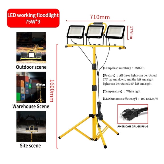 22500 Lumen Work Lights With Stand,Three Head LED Work Light,Adjustable Metal Telescoping Tripod For Indoor And Outdoor