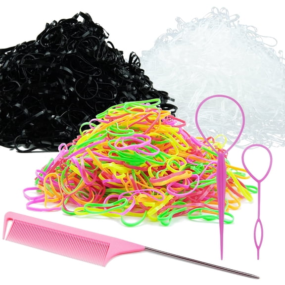 2250Pcs Clear Small Rubber Hair Elastics for Gilrs with Hair Loop Styling Tool Set, 2250pcs Rubber Hair Ties 2Pcs French Braid Tool Loop 1Pcs Rat Tail Combs for Braiding Styling, Pink