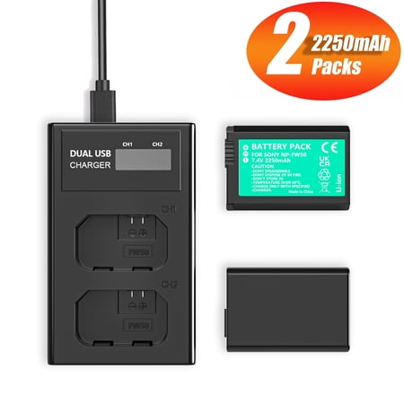 2250mAh NP-FW50 Battery Charger Pack, 2-Pack Battery & Charger, Compatible with Sony Alpha A6000, A6400, A6100, A6300, A6500, A5100, A7, A7 II, A7R, A7R II, A7S, A7S II, RX10, NEX-3/5/7 Series & More