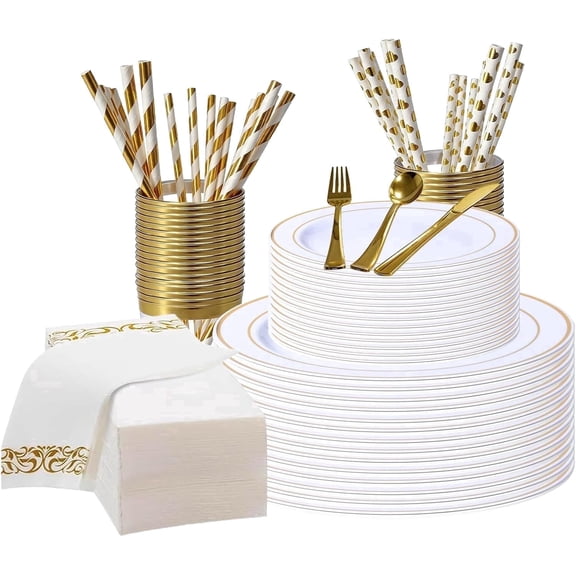 DQQKMM 225Pcs Gold Dinnerware Set for 25 Guests, 50 Plates, 75 Silverware(25 Knives, 25 Forks, 25 Spoons), 25 Napkins, 25 Cups & 50 Straws