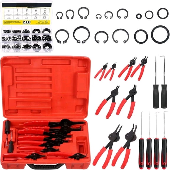 225Pcs Snap Ring Pliers Set Includes Straight & Bent Retaining Ring Pliers, 5 Sizes C-Clips External Internal Retaining Ring Set, Rubber Gaskets and Precision Hook Set for Lawnmowers