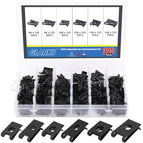 Swordfish Wide Range U Nut Assortment - 210 Piece Kit For 8, 10, 14 Screws - Black Phosphate Finish