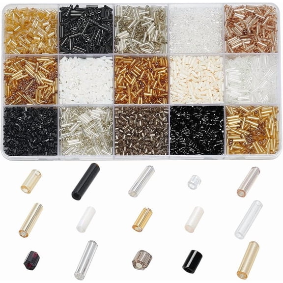 225g 15 Colors Transparent & Opaque Colours Glass Bugle Beads Mixed Style Mixed Color 2~8x1.5~2.5mm Hole: 0.5~1.2mm about 15g/color