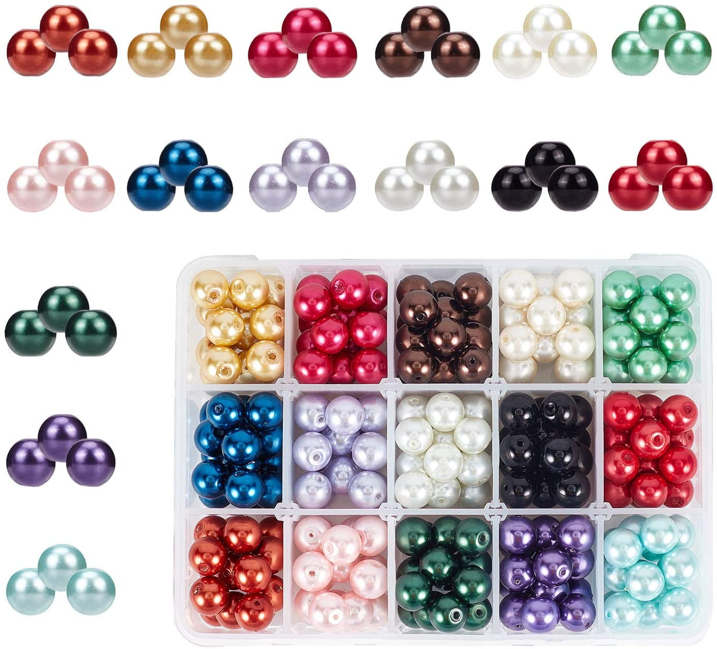 225pcs 15 Color Glass Pearl Beads 10mm Dyed Round Beads Satin Loose Luster Imitation Pearl Beads for Making Earring Necklaces Bracelets and Jewelry DIY Craft Hole: 1mm DIY