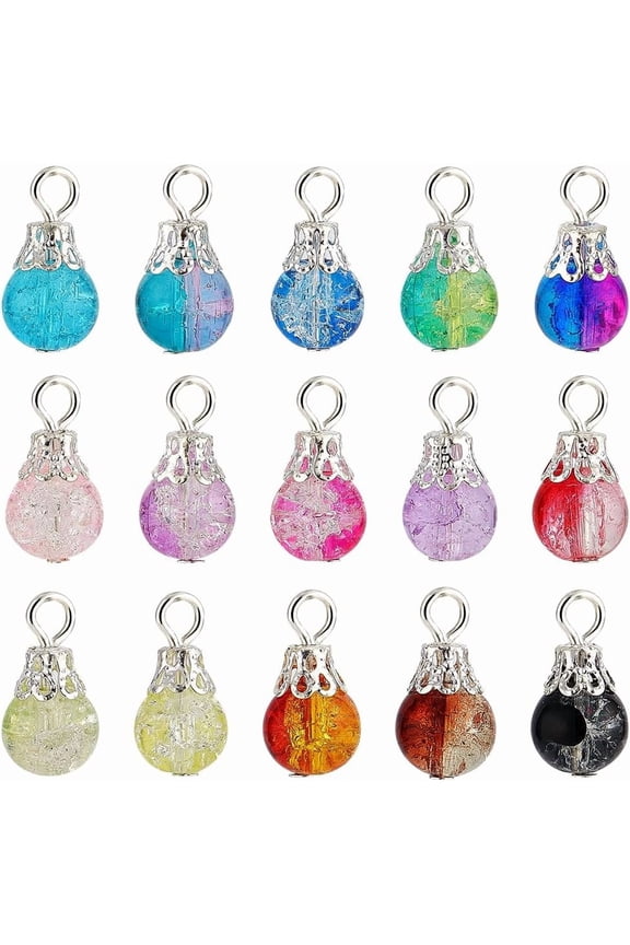 225pcs Dangle Charm 15 Colors Dangle Charms Pendants with Bead Cap Loops Spray Painted Glass Drops Beads Charms for DIY Jewelry Necklace Bracelet Earring Making