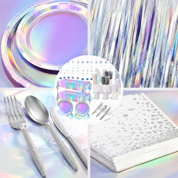 226 Pcs Disco Party Tableware Set for 30 Guests, Iridescent Disposable Plates Cups Napkins and Tablecloth with Streamers, Colorful Party Supplies for Birthdays, Graduation and Celebrations