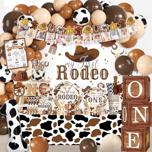 226PCS My First Rodeo Decorations Boy, All-in-1 First Rodeo Theme Party Pack, with 20 Plates, Cowboy Hat, Backdrop Tablecloth Balloon Arch for 1st birthday boy, Serves 20 Guests
