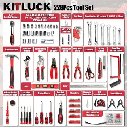 228-Piece Home Tool Kit - Portable Toolbox with Screwdriver, Wrench, Plier, Socket, Hex Key, Rule, Saw, Knife, and More for Home & Car Repairs