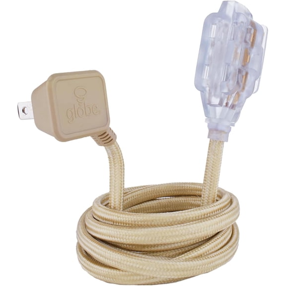 22816 Designer Series 9ft Fabric Extension Cord, 3 Polarized Outlets, Right Angle Plug, 125 Volts, Gold