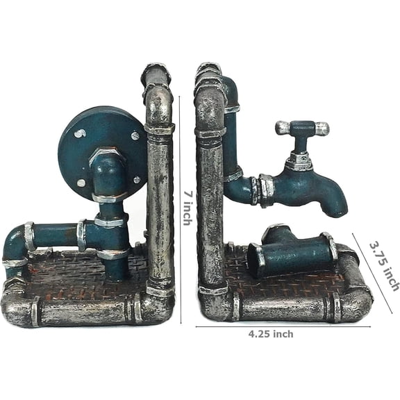 22852 Decorative Bookends Industrial Pipe Book Ends for Bookshelves Steampunk Rustic Vintage Tap with Clock Rustic Retro Home Office Desk Bookcases Farmhouse Decor 2 pcs