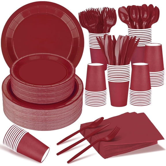 228PCS Burgundy Party Supplies Set Include Paper Plates Cups Paper Napkins Plastic Spoons Forks Knives for 30 Guests Disposable Party Dinnerware for Birthday Wedding Family Picnic