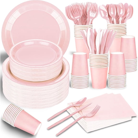 228PCS Pink Party Supplies Set Include Paper Plates Cups Pink Napkins Plastic Spoons Forks Knives for 30 Guests Disposable Party Dinnerware For Birthday Wedding Family Picnic