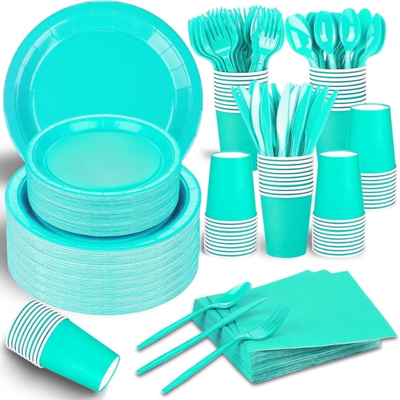 228PCS Teal Blue Party Supplies Set Include Paper Plates Cups Teal Blue Napkins Plastic Spoons Forks Knives for 30 Guests Disposable Party Dinnerware for Birthday Wedding Family Picnic
